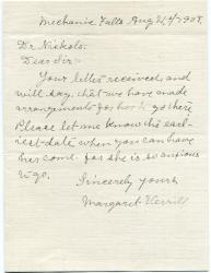 Letter about returning TB patient, 1908