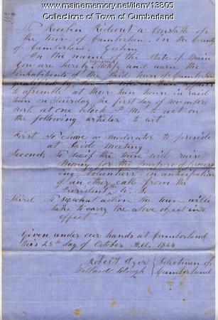 Town of Cumberland warrant, 1864