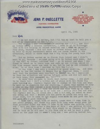 Jean P. Ouellette Letter on CCC, Upper Frenchville, 1985