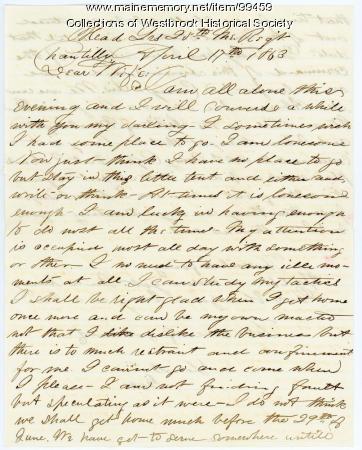 Lt. George B. Stevens letter to wife, Chantilly, VA, 1863