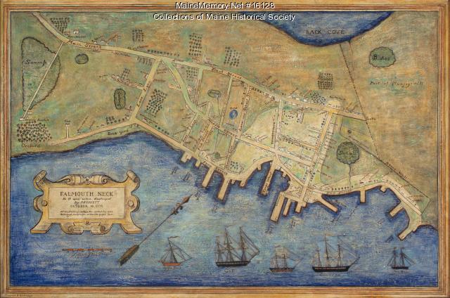 Mildred Burrage's painted map of 1775 destroyed Falmouth Neck, 1925