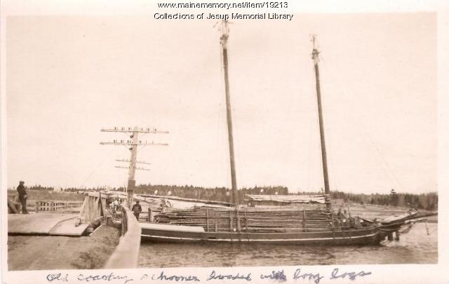 Old Coasting Schooner Loaded with Logs, ca. 1920