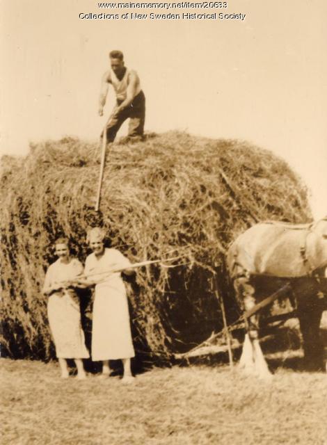 Bringing in the hay, Trone Farm, New Sweden, ca. 1930