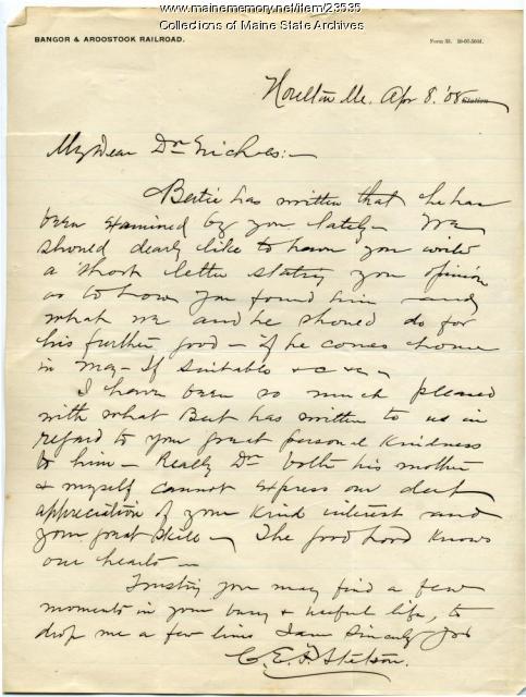 Letter concerning patient at Maine Sanatorium, 1909