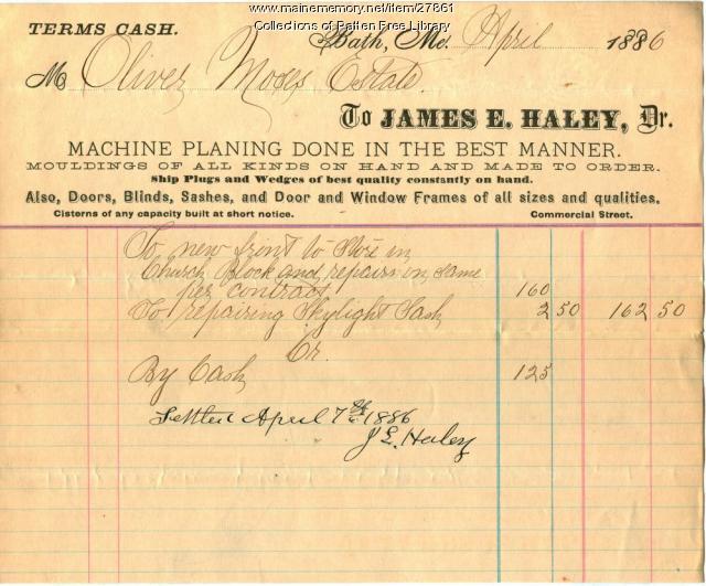 Haley bill for Church Block, Bath, 1886