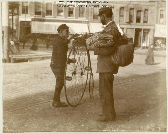 Cyclist and mail carrier, Portland, ca. 1890