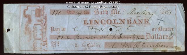 Lincoln Bank Check, Bath, 1853