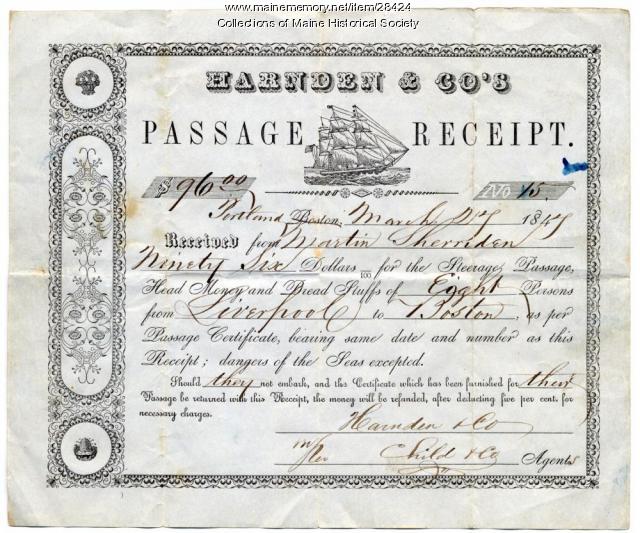 Liverpool to Boston ship passage receipt, 1847