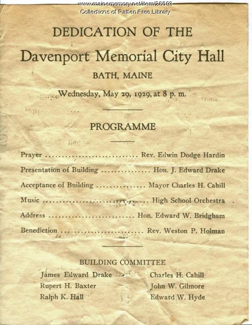 Dedication Program, Davenport Memorial City Hall, Bath, 1929