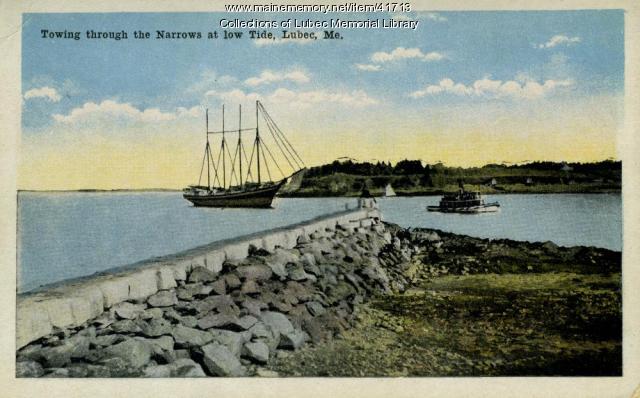 Four-masted schooner towed through Lubec Narrows, ca. 1920