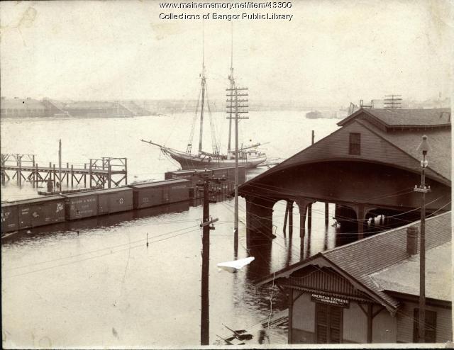 Train station and waterfront, Bangor flood, 1902