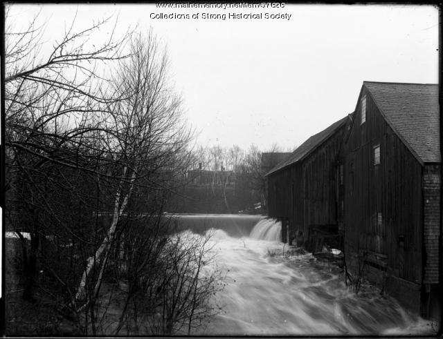 Spring freshet over Mill Stream dam, Strong, ca. 1910