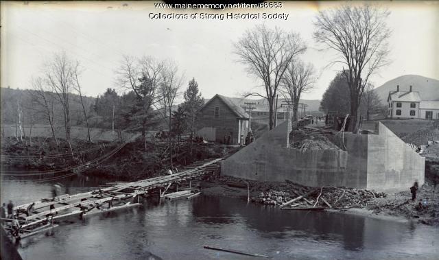 Walk bridge in place for workers after old bridge removed, Strong, ca. 1922