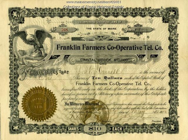 Share Certificate, Franklin Farmers Co-Operative Tel. Co., Strong, 1912