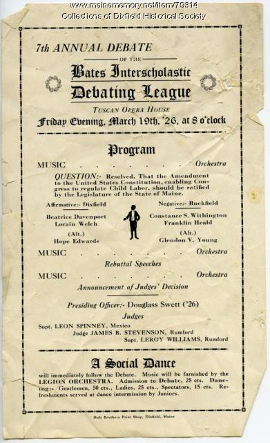 Bates Debating League annual debate program, Dixfield, 1926