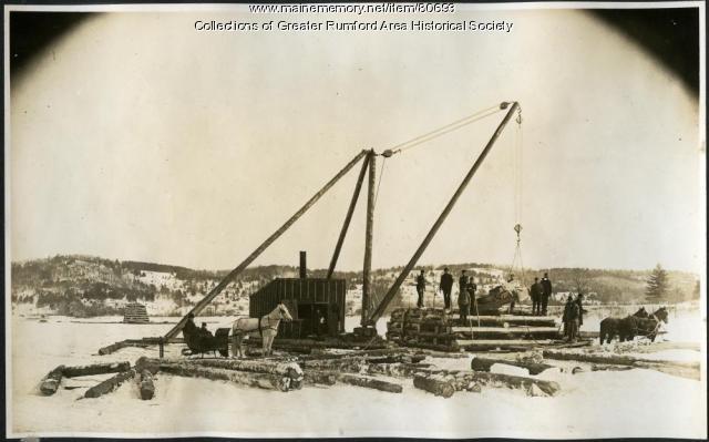 Boom pier construction, Androscoggin River, Rumford, 1893