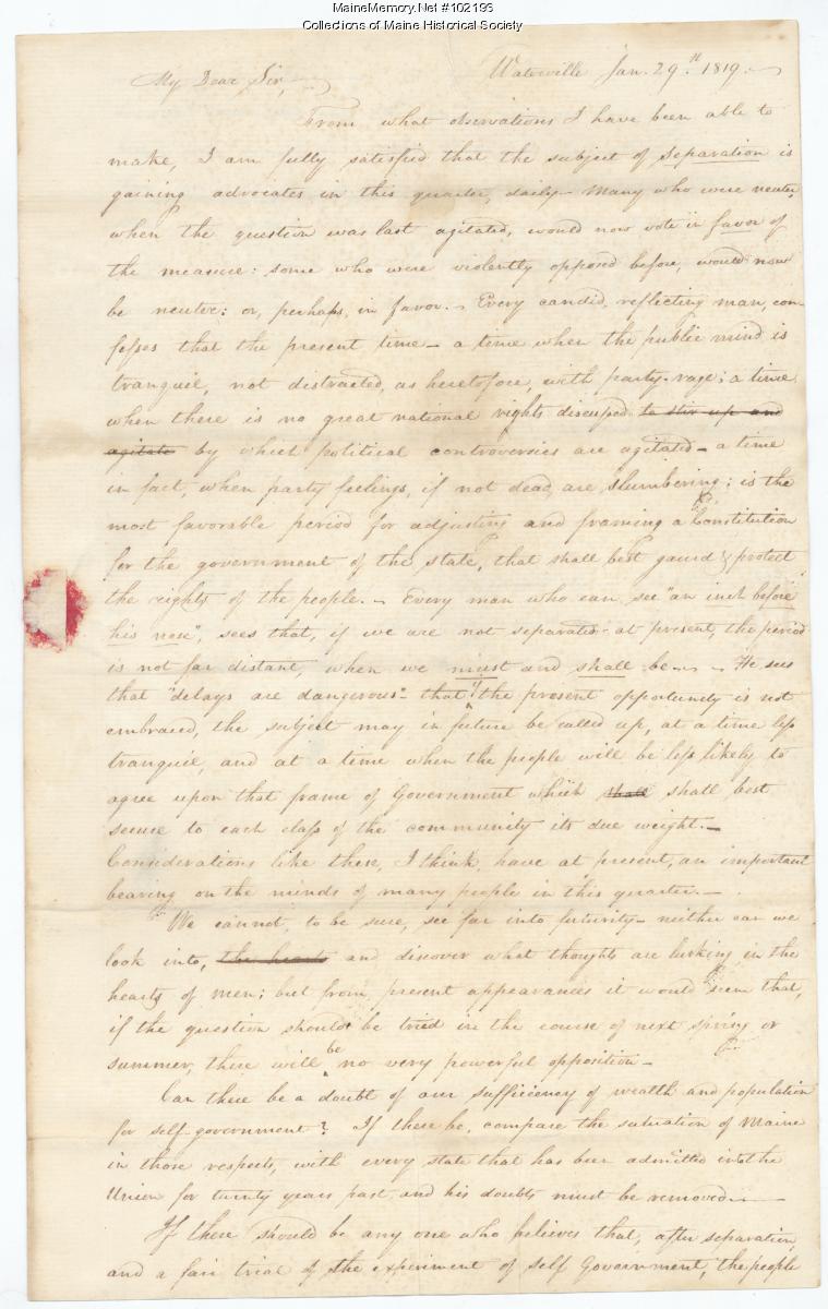 Abijah Smith to John Chandler regarding Maine statehood, Waterville ...