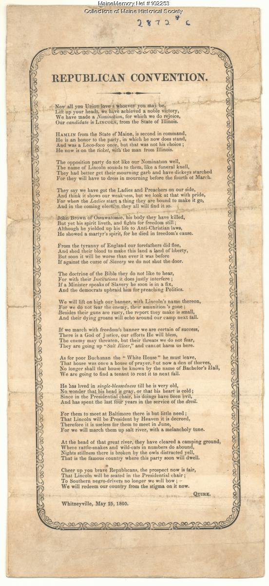 Republican Convention poem, Whitneyville, 1860 - Maine Memory Network