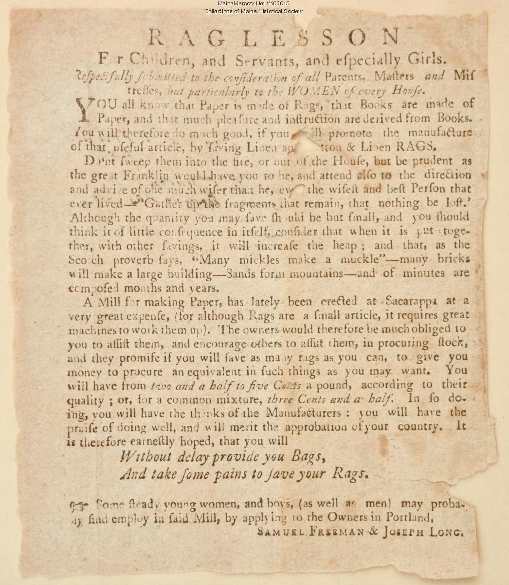 Broadside seeking rags for paper making, Westbrook, 1795 - Maine Memory ...