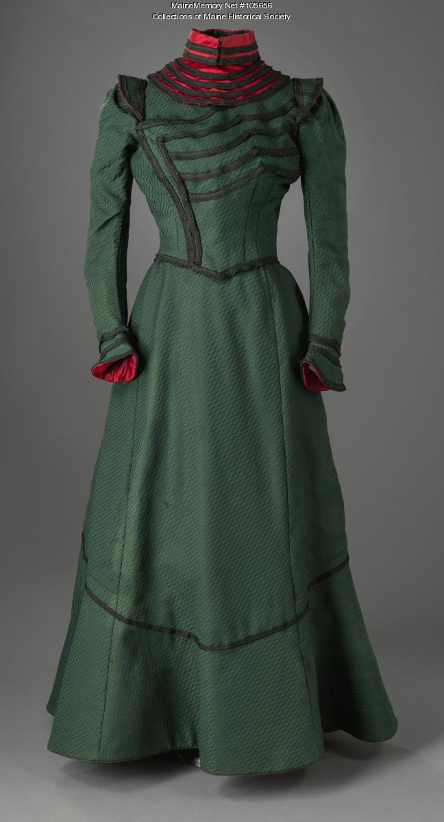 Green wool dress with red satin and black braid details, ca. 1900 - Maine  Memory Network