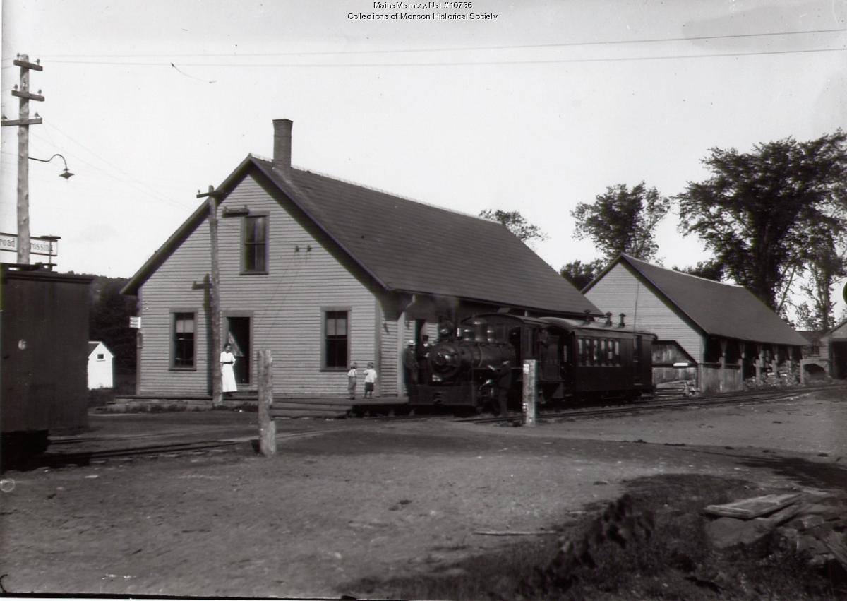View of Monson Station with engine and passenger car, ca. 1930 - Maine ...
