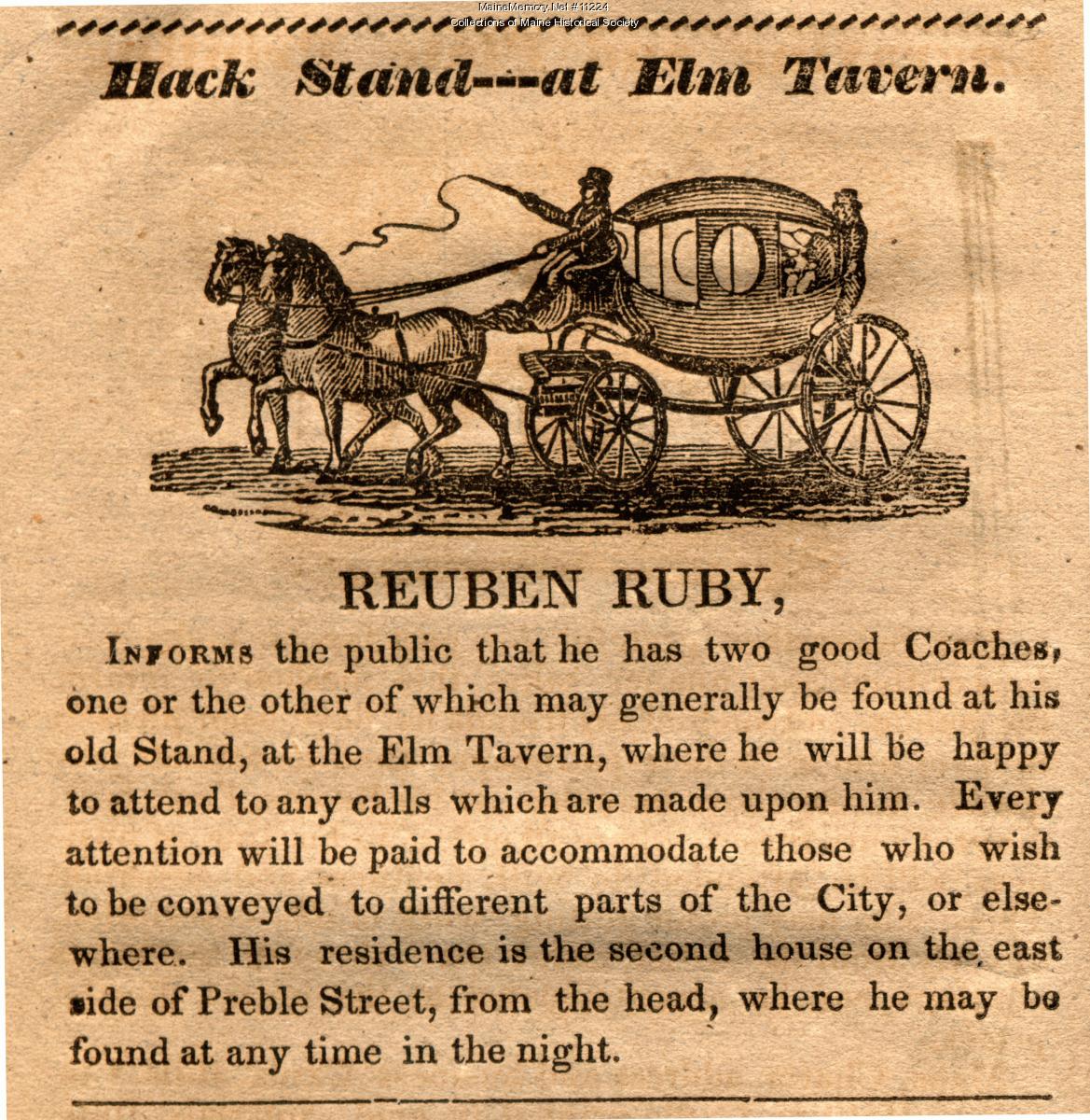 Reuben Ruby hack ad, Portland, 1834 - Maine Memory Network