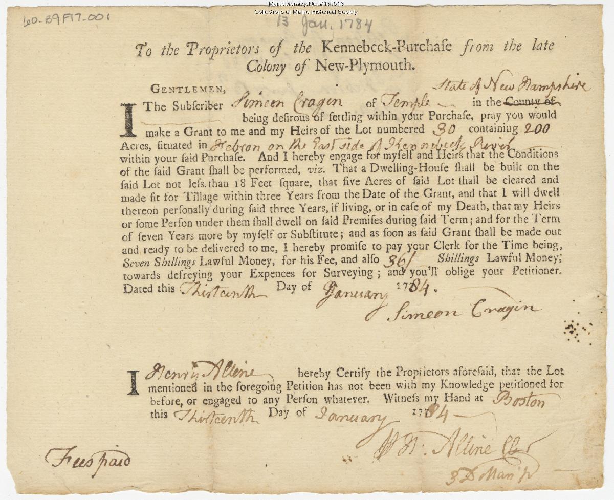 Plymouth Company Records, box 9/17, 1784–1785 - Maine Memory Network