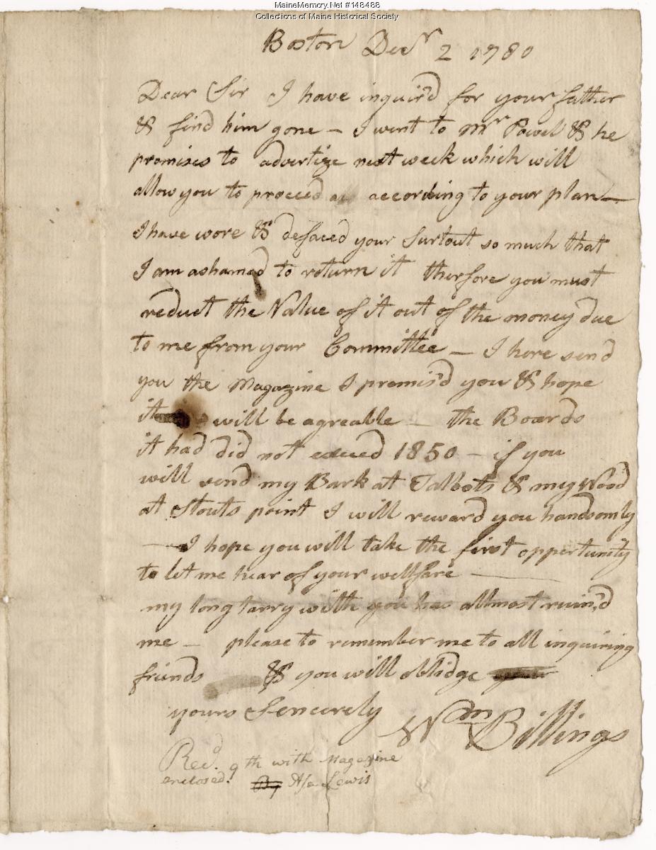 William Billings to Asa Lewis of North Yarmouth, 1780 - Maine Memory ...