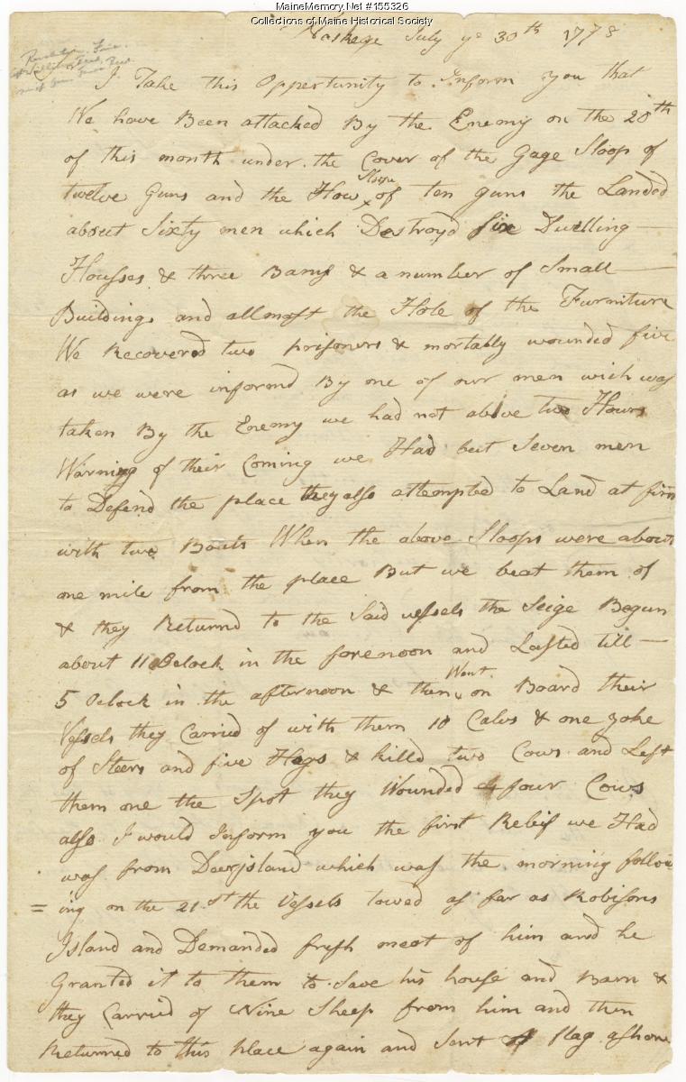 Capt. William Reed letter to Col. Buck, Brooklin, 1778 - Maine Memory ...