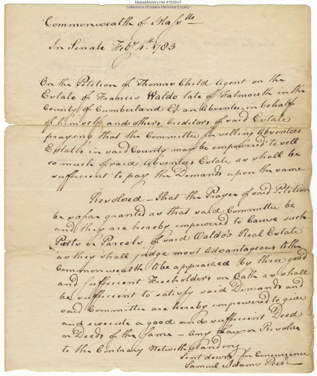 Settling of Francis Waldo estate, 1783-1784 - Maine Memory Network