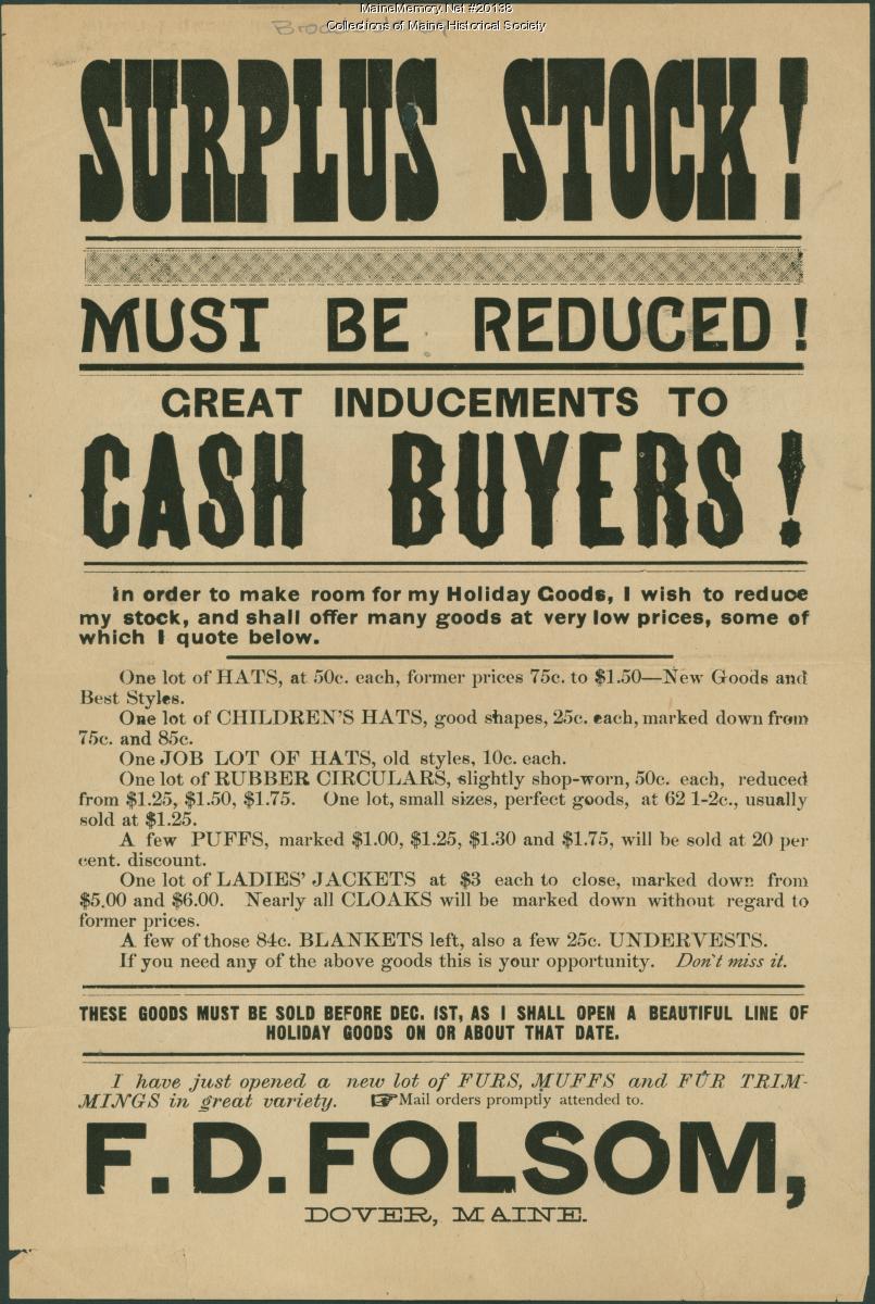 Advertisement for sale of surplus stock, Dover, ca. 1880 - Maine Memory ...