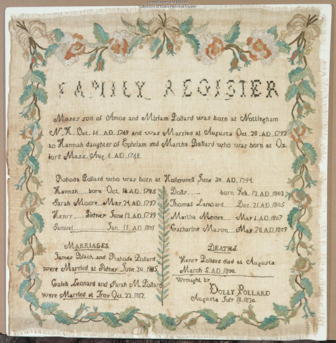 Family Register stitched by Dolly Pollard, 1820 - Maine Memory Network
