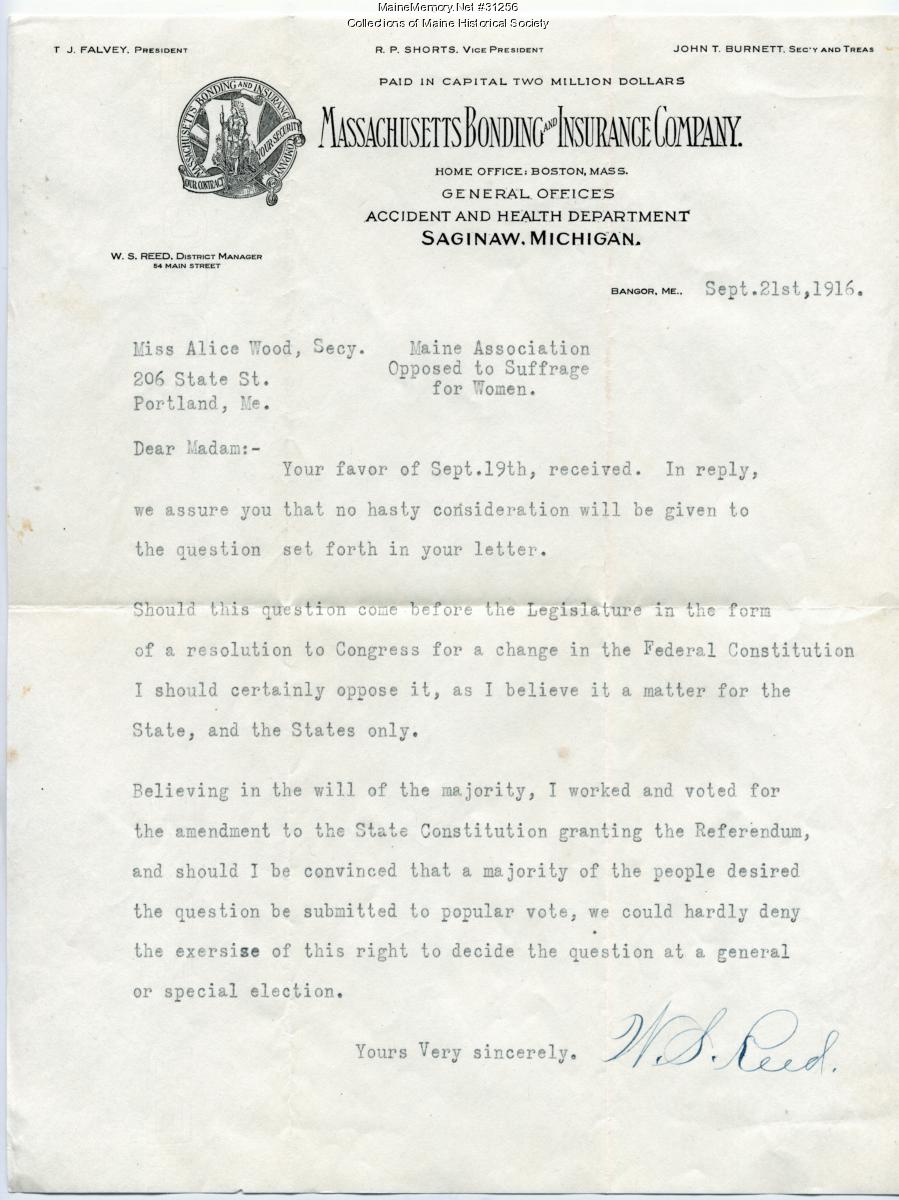 Reed letter on suffrage vote, Bangor 1916 - Maine Memory Network