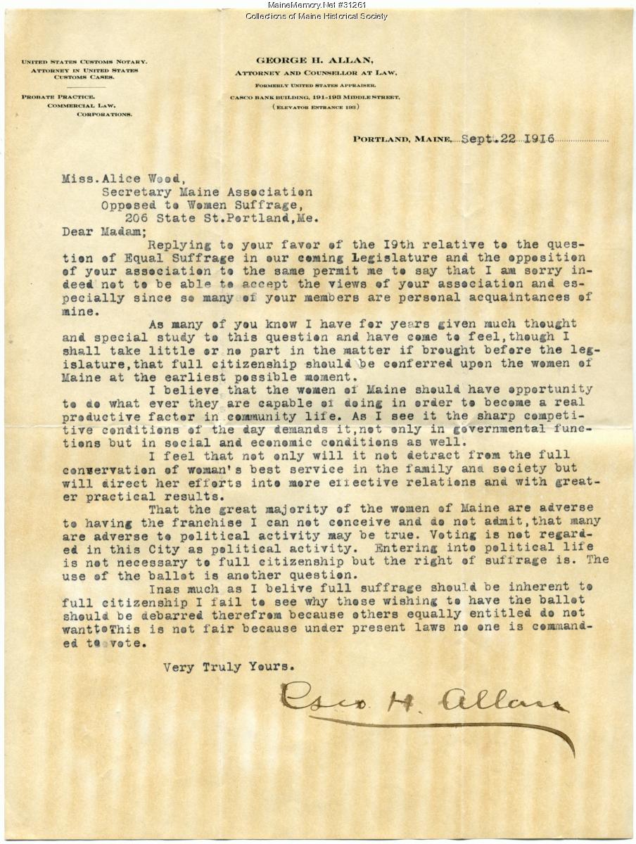 George Allan letter in support of suffrage, Portland, 1916 - Maine ...