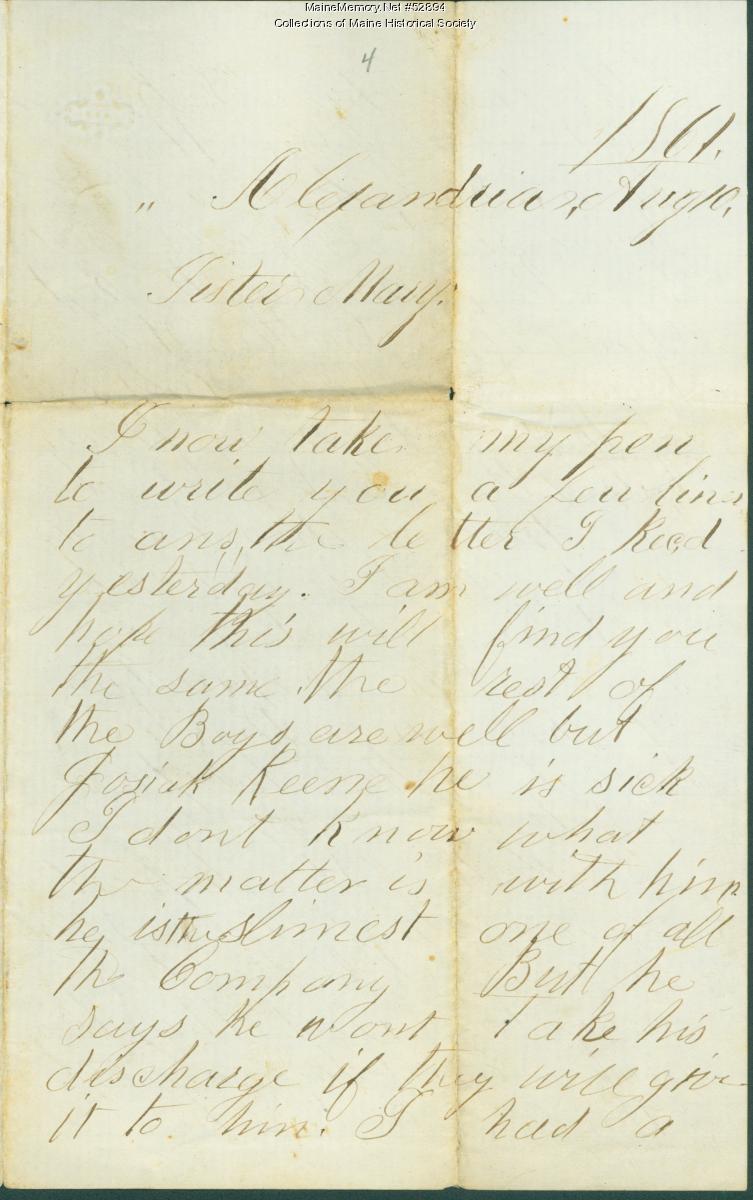 William Adams to sister on military routines, Virginia, 1861 - Maine ...