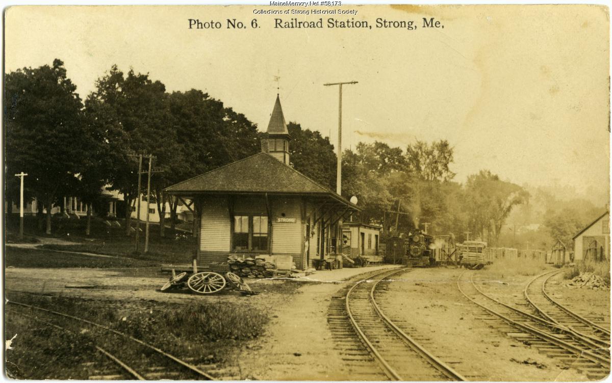 Sandy River and Rangeley Lakes Railroad station, Strong, ca. 1910