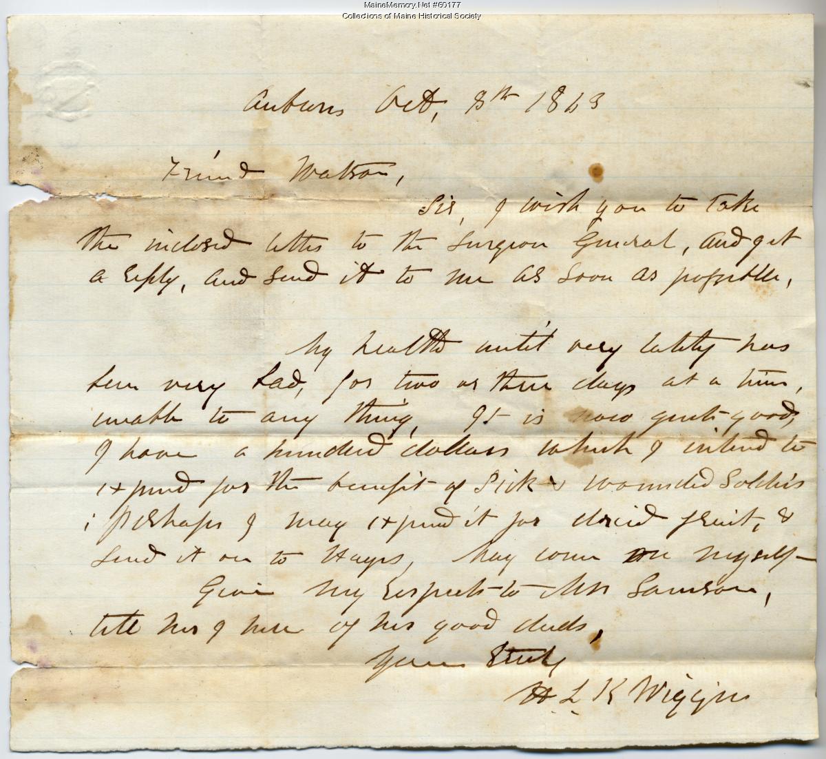 H.L.K. Wiggin letter about donation, 1863 - Maine Memory Network