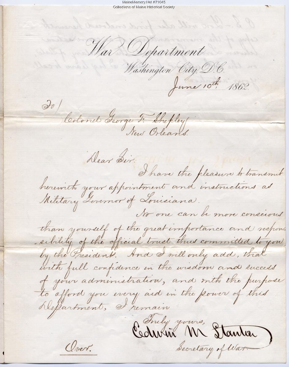 Edwin M. Stanton to Col. George F. Shepley, Washington, D.C., 1862 ...