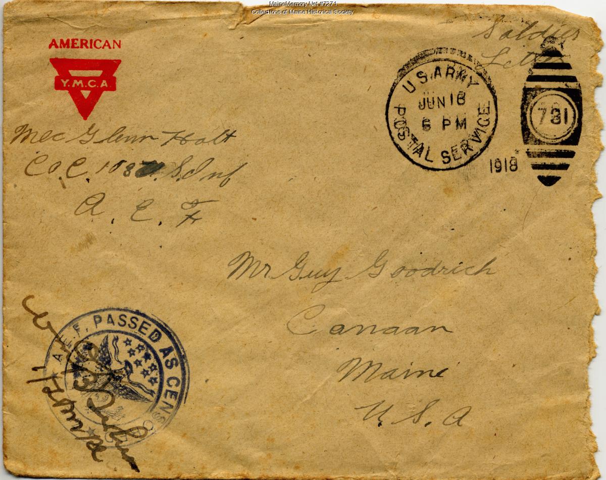 World War 1 envelope with censor stamp, 1918 - Maine Memory Network display picture 1