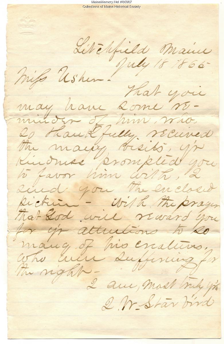 Isaac Starbird letter to Rebecca Usher, Litchfield, 1865 - Maine Memory ...