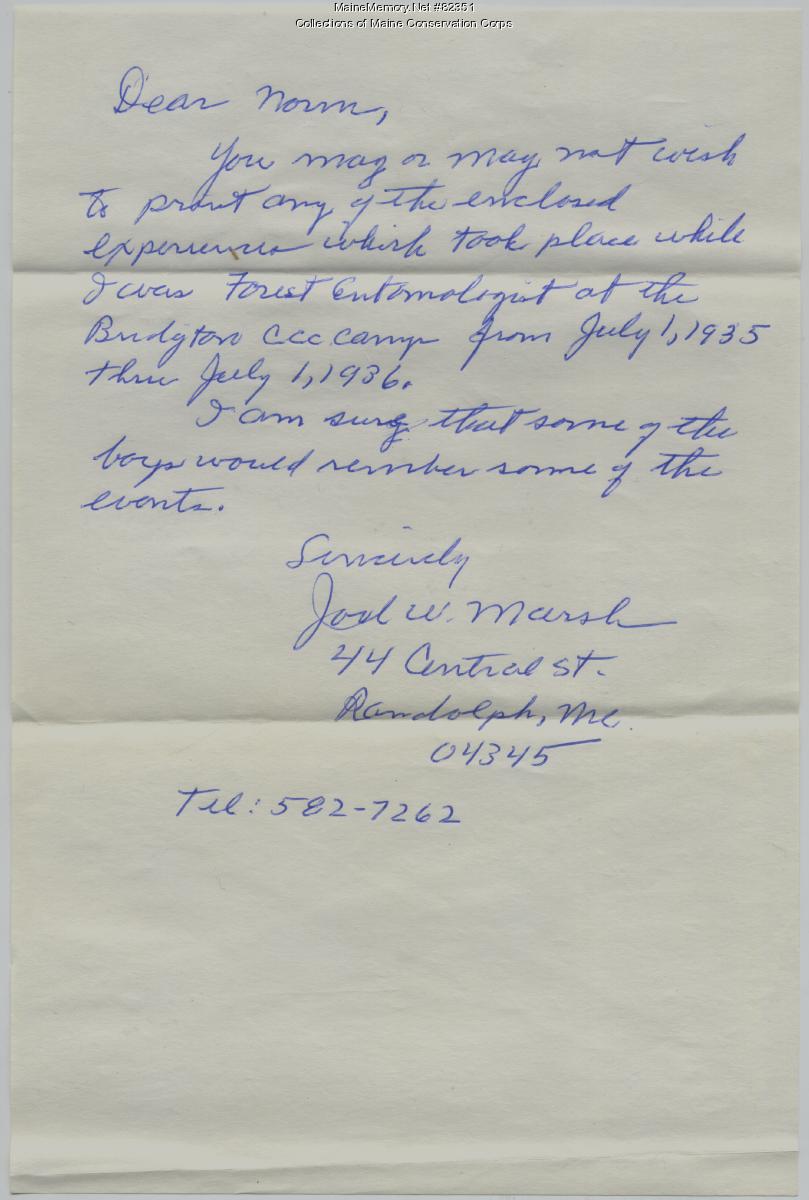 Joel W. Marsh Letter on the CCC, Randolph, 1988 - Maine Memory Network