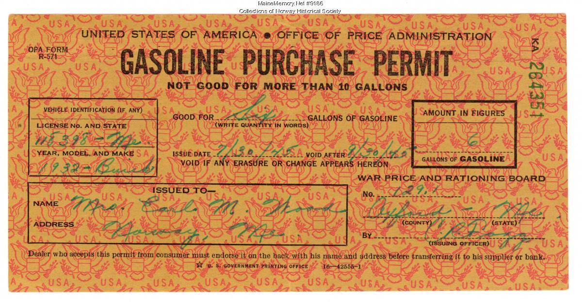 Gas ration permit, ca. 1945 - Maine Memory Network